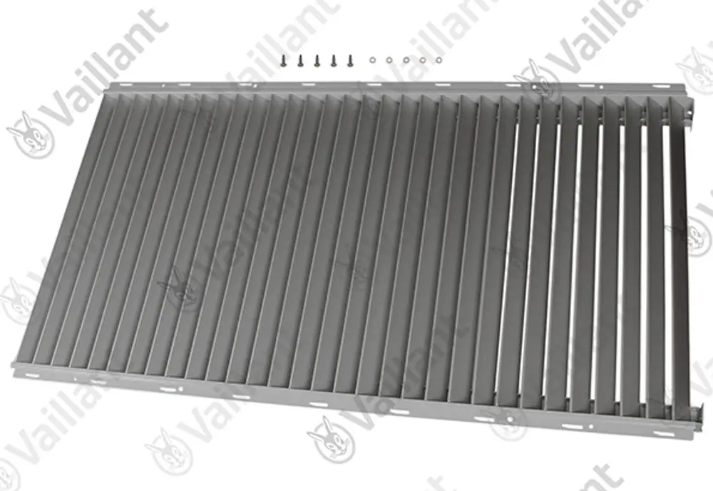 Gitter aus Metall mit mehreren vertikalen Lamellen, montiert mit Schrauben, in neutraler Farbe. Dekoratives Element von Vaillant für Heizungsanwendungen.